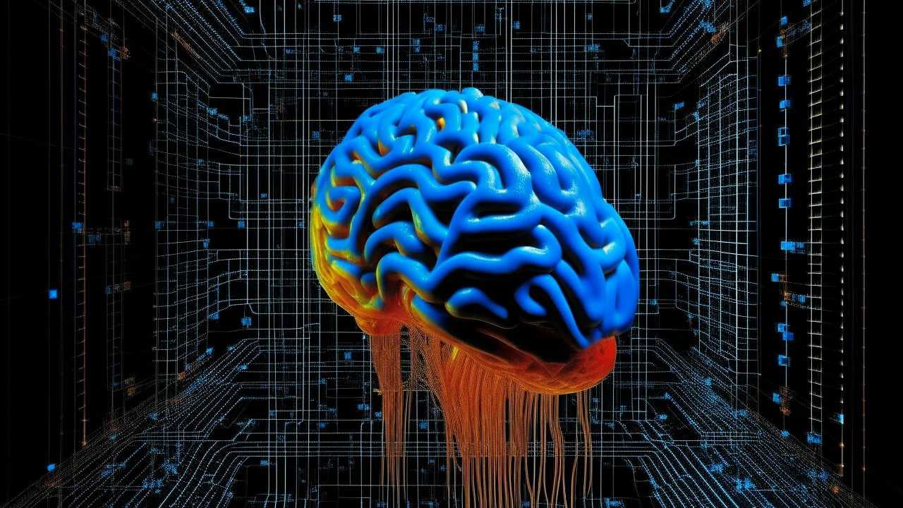 A digital photography by Moebius and Sorayama of a digital brain in a digital matrix. Colors are blue and orange.