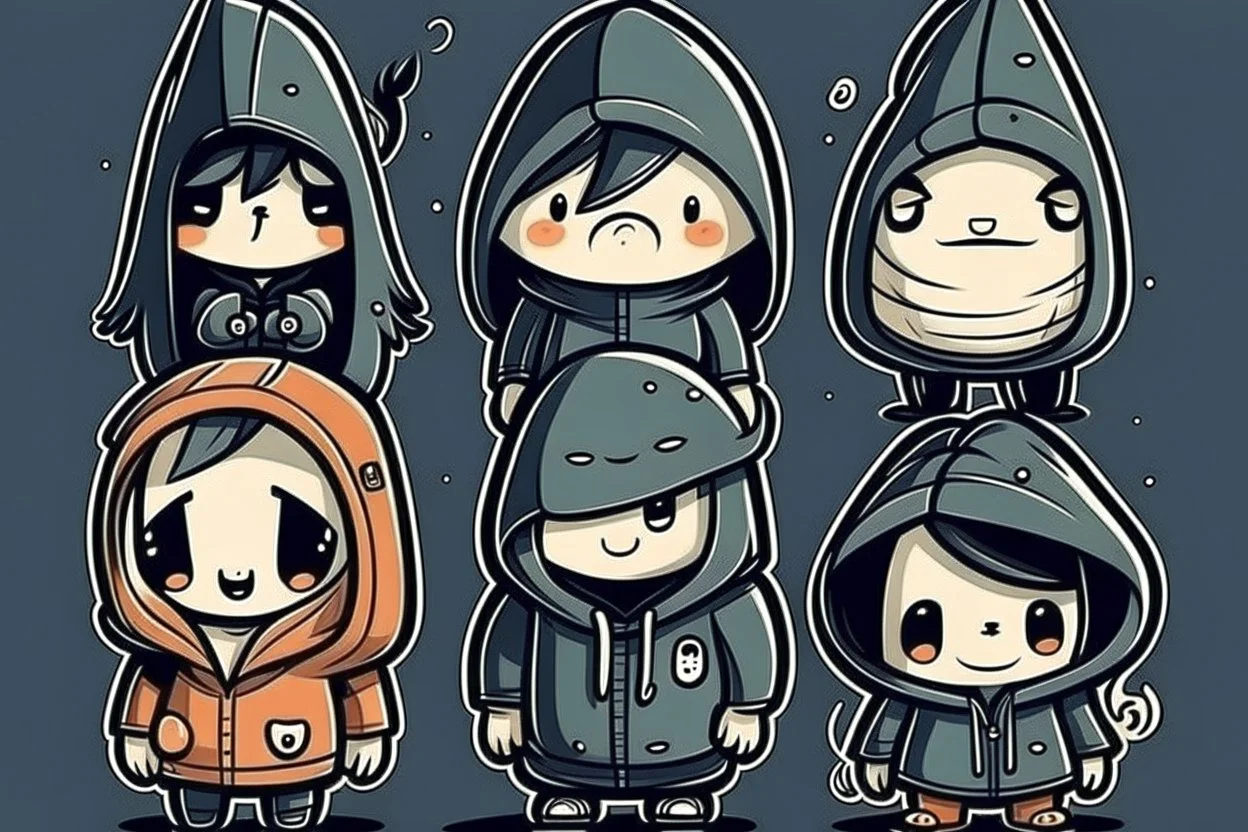 6 simple shaped shaped hand drawn cartoon characters that are cute dark and have hoodies