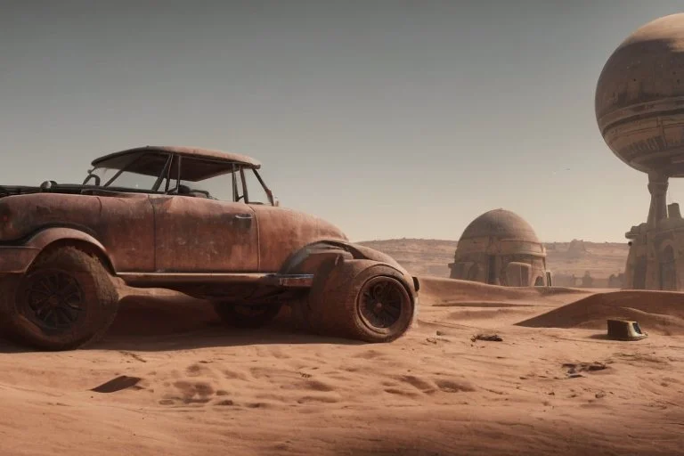 A Tesla 'Model Y' is parked, in Mos Eisley on the planet Tatooine. (CINEMATIC, WIDE ANGLE LENS, PHOTO REAL)