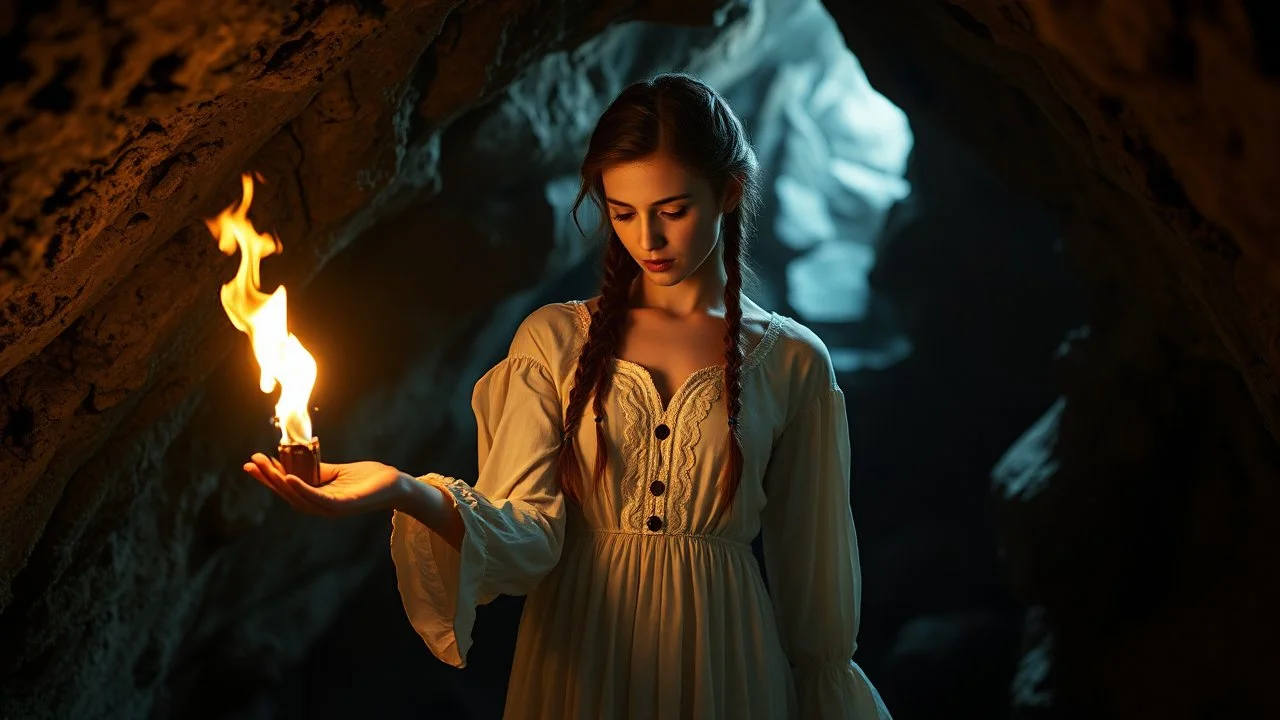 a woman with brown braided hair in a scary cave, holding and looking a flame in her palm in a white vintage long-sleeved nightgown, the inside of the cave is illuminated by the flame, close shot, detailed, high realistic, perfect photo, dramatic, dark fantasy