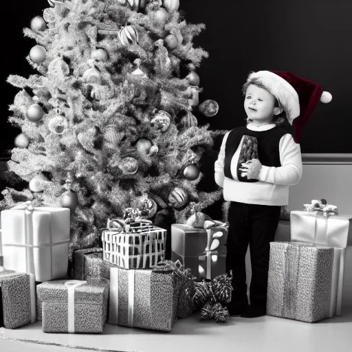 black and white, sepia, toddler, Christmas tree, dystopian, Santa with cone shaped hat, presents