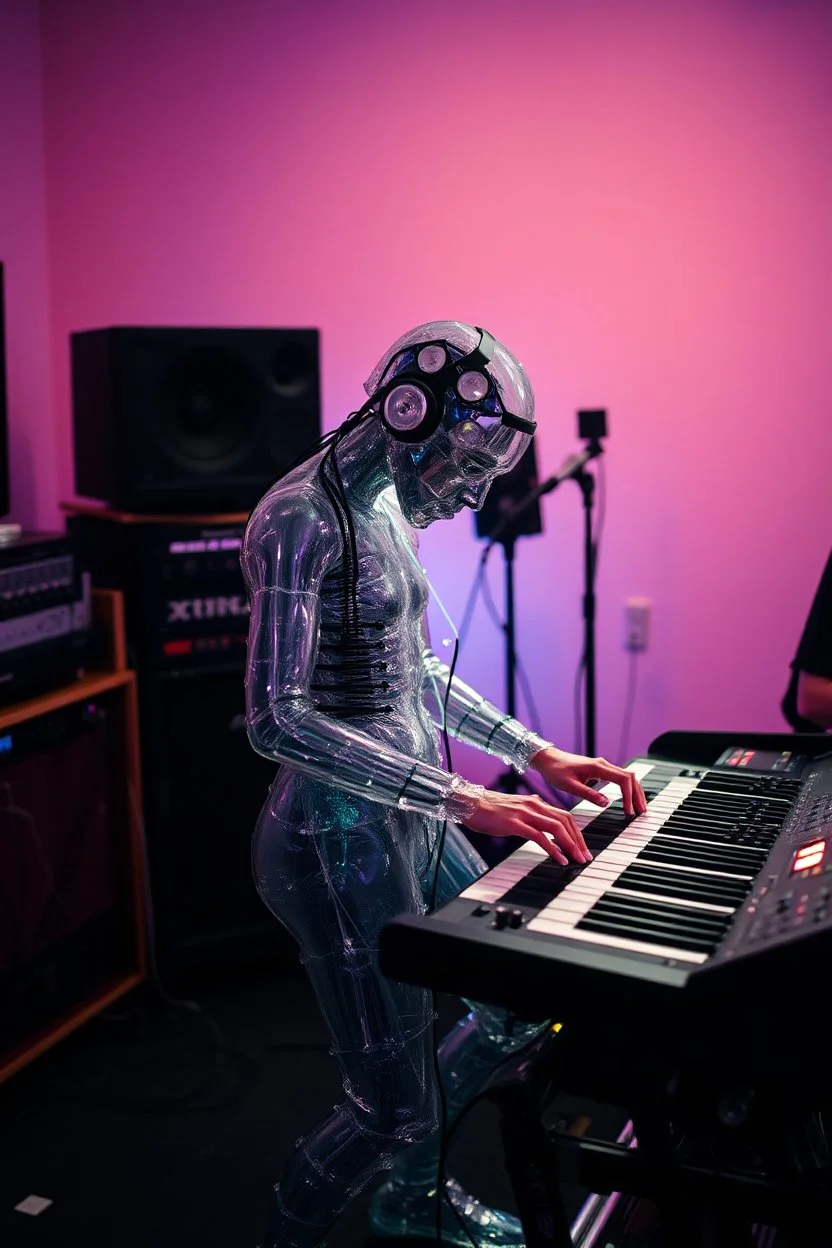 The whole body of Maniquí de glassy Artist mader playing the synthesis with a sound studio gears and several hi tech gears and lighting in the background