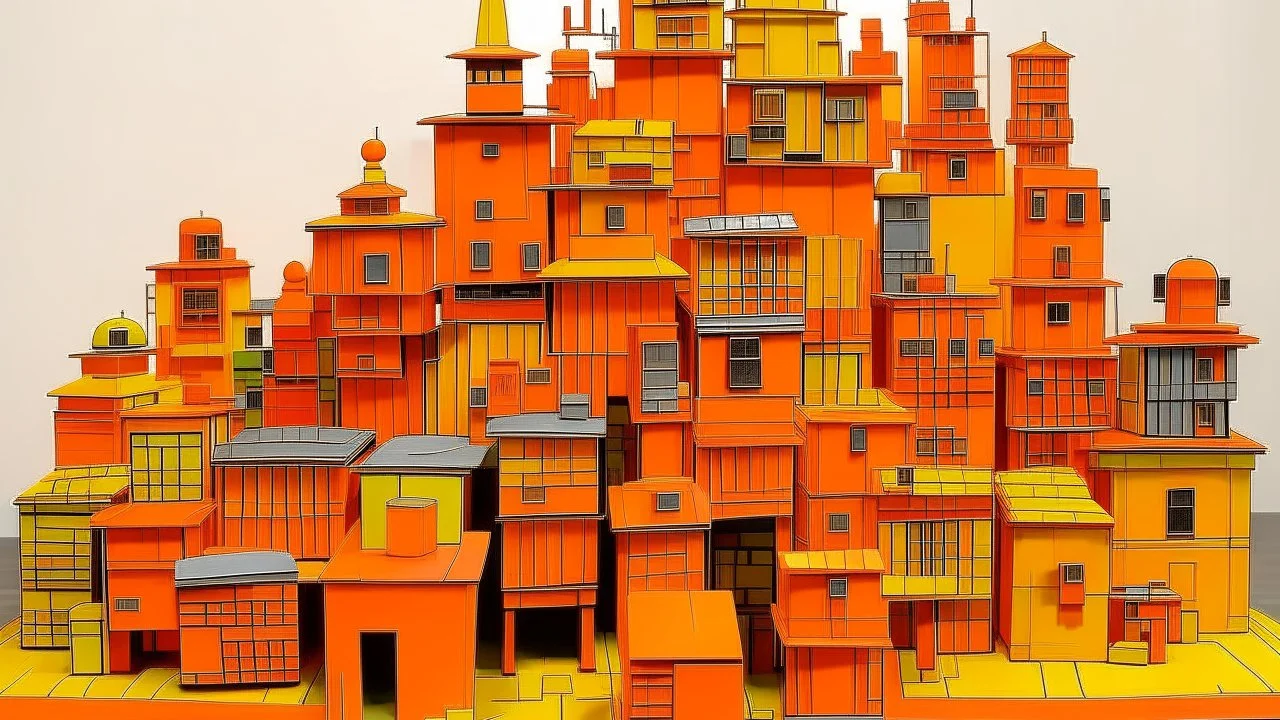 An orange color town made out of toys painted by Piet Mondrian