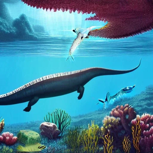 beautiful, stunning paleoart of mosasaurus swimming underwater with coral reefs, plants, panoramic, in the style of eleanor kish, davide bonadonna, julius csotony, fabio pastor, Jurassic Park photorealistic, illustrative, digital art, 8k resolution, detailed matte, painting, artwork, deviantart