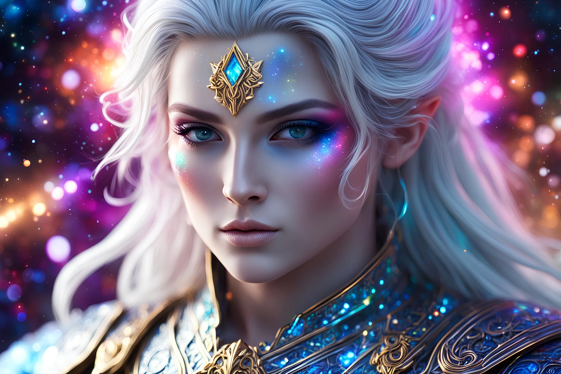 Celestial luminary cosmic chevalier, viril, with a elfic appearance, exquisitely detailed, radiant aura, hyper-detailed, beautifully color-coded, insane details, intricate details, beautifully color graded, Cinematic, Color Grading, Editorial Photography, Depth of Field, DOF, Tilt Blur, White Balance, 32k, Super-Resolution, Megapixel, ProPhoto RGB, VR, Half rear Lighting, Backlight, non photorealistic rendering