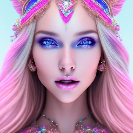 beautiful, soft, big smile face, whole head, long straight blonde hair blues eyes, crown on the head, clothing in transparent bluish and pink veil, background brillante bluish and pink, hight definition, 8K