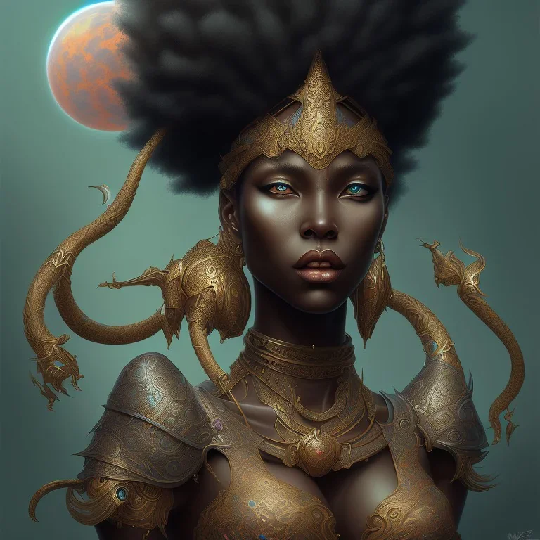 sango fantasy, fantasy magic, intricate, sharp focus, illustration, highly detailed, digital painting, concept art, matte, masterpiece head sexy lady body black African beauty space lady black leopard skin African afro night