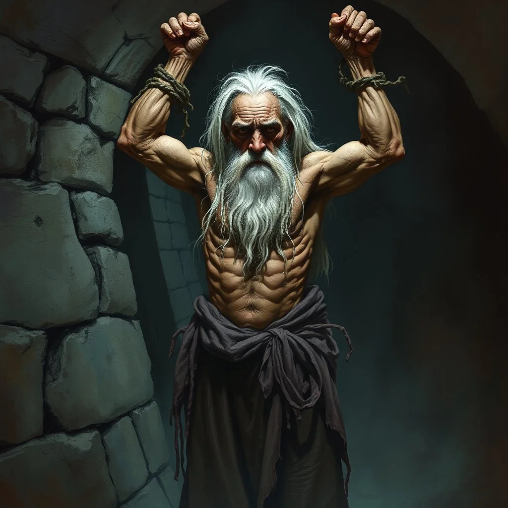 digital illustration, centered in the composition is full body portrait of an emaciated old man with long stringy white hair in tattered rags shackled by the arms held above his head to stone wall in a creepy dungeon, dim lighting, walls are moist, dramatic, by Ashley Wood, style of Frank Frazetta