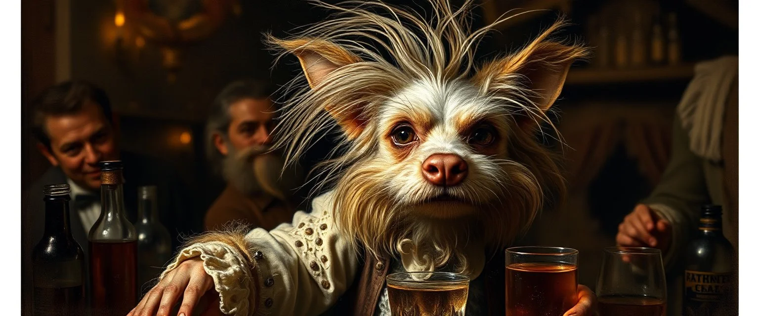 hårete gremlin dog bartender med vind i håret på fest malt av Rembrandt