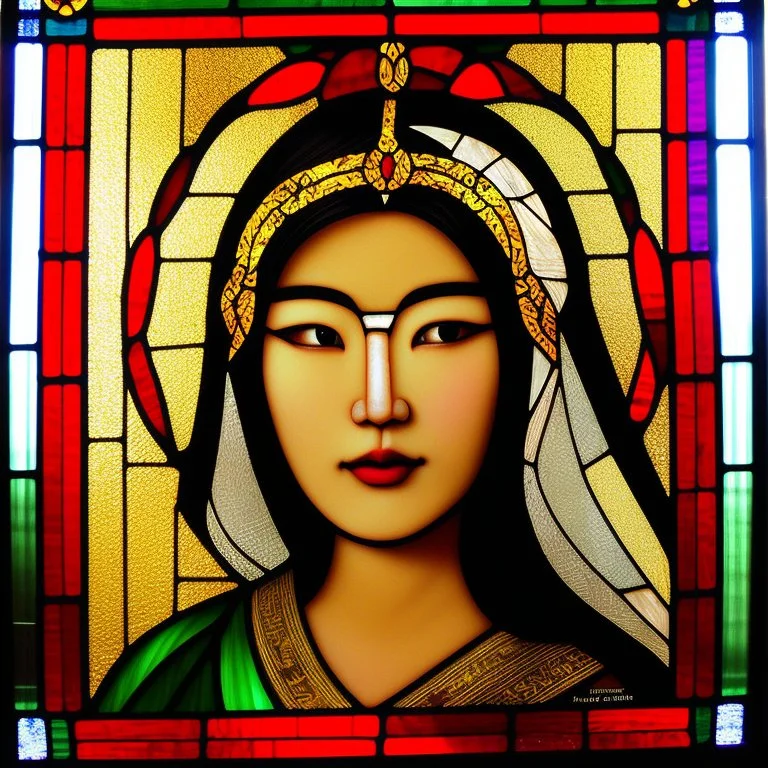 Art Noveau style, stained glass frame, my beautiful asian princess naturist model wife