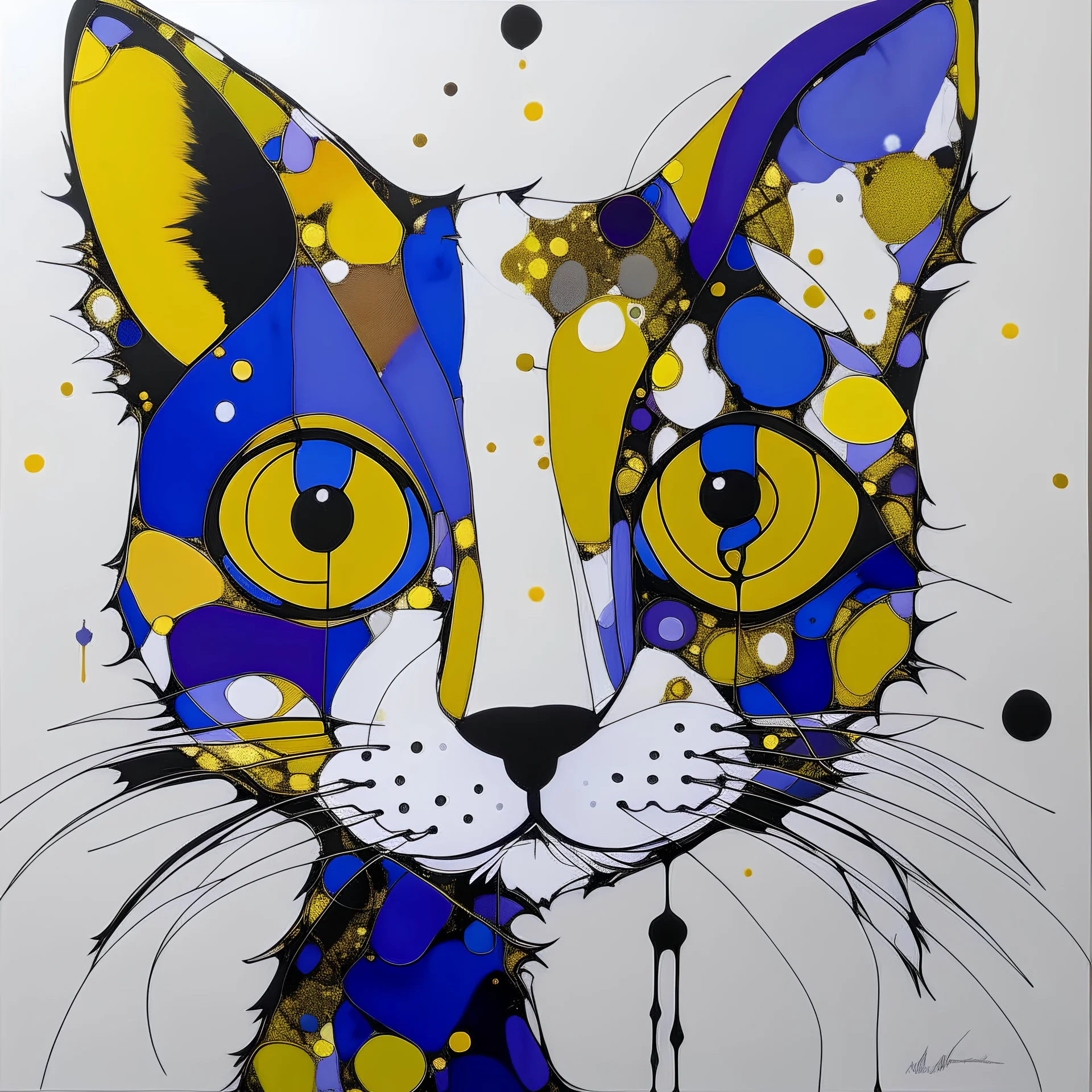 A colorful, abstract and minimal painting of a cat with exaggerated features. The cat has large eyes, a patchwork of gold, purple and tan fur, with black outline details giving a scribbled effect. the image is in the middle of a white canvas. The background should be clean and mostly white, with subtle geometric shapes and thin, straight lines that intersect with dotted nodes. The style is expressive and textured, reminiscent of outsider art.