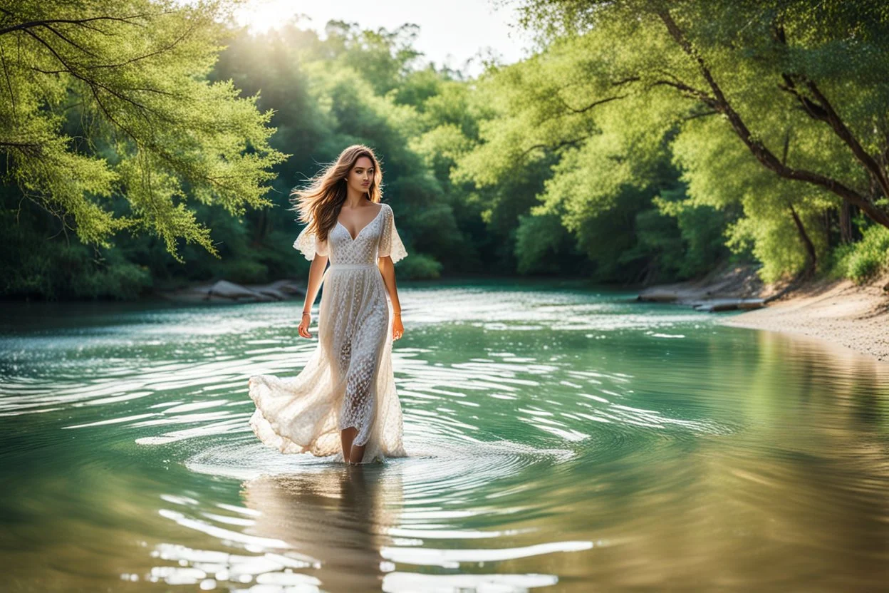 beautiful girl in pretty dress walking in water toward camera in trees next to wavy river with clear water and nice sands in floor.camera capture from her full body front