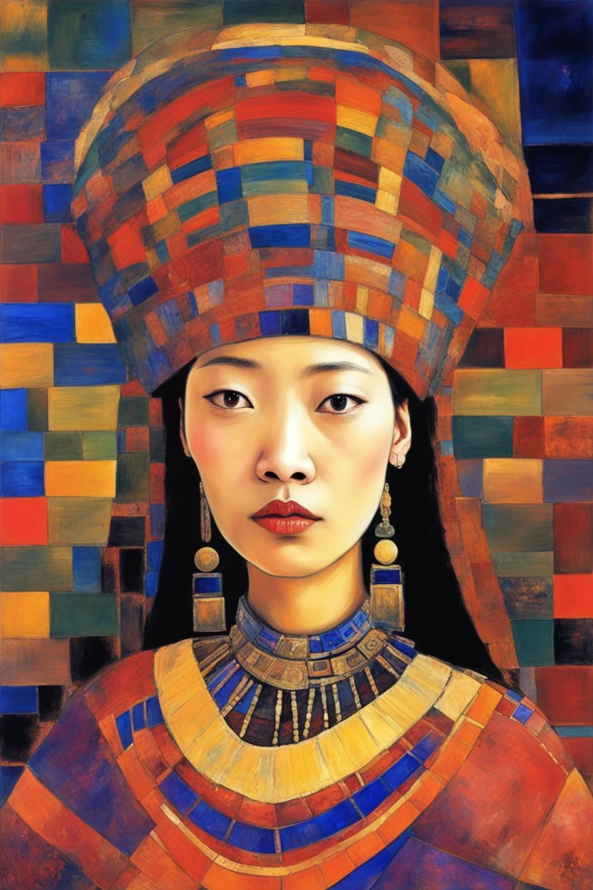 gorgeous portrait of a beautiful ancient princess. “Hmong Textile Patchwork Fashion Model" By Enki Bilal & Paul Klee & Jennifer Lommers & Hans Hartung & Meghan Duncanson & Mark Rothko & Dee Nickerson & Victor Brauner & Didier Lourenço & ∞ Modifiers: no text Colorful Oil On Rainy Night Canvas Unstructured Maximalism Novelty architecture internally decorative Crepuscular Luminosity Hyper-Structured Minimalism show objects in great details and accuracy Legit emotional reactions perfect body coordin