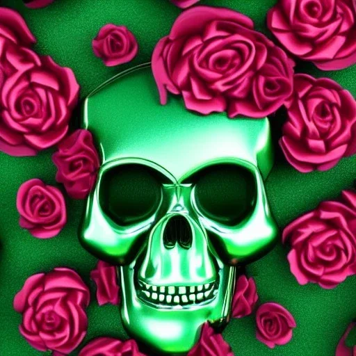  green android skull surrounded by roses, metallic, realistic, volumetric lighting, shiny, fit in board, full figure, 8k, 3D