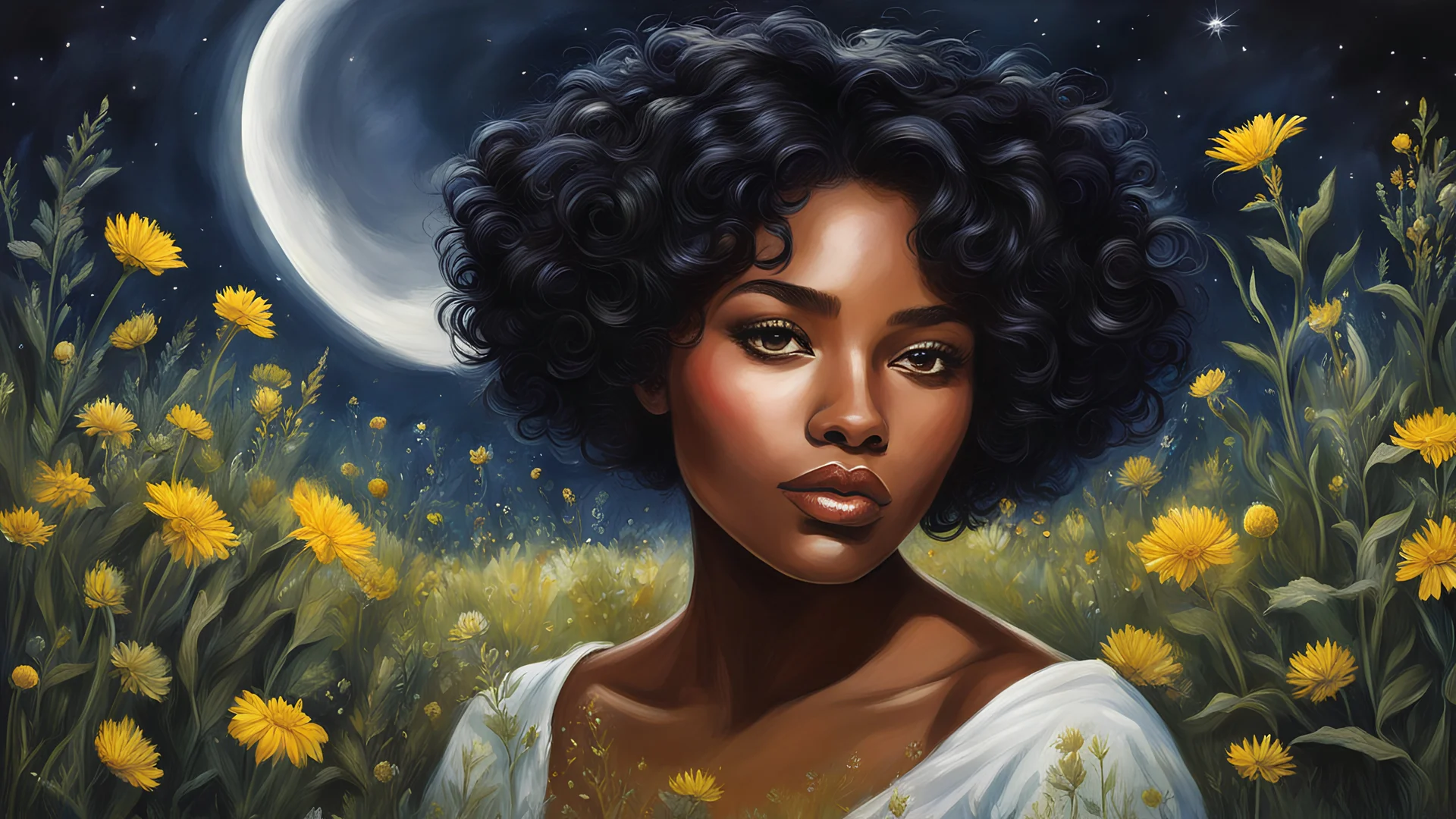 acrylic illustration, acrylic paint, oily sketch, a glamorous herbalist , she is surrounded by magical herbs in a moonlit meadow, black hair, short hair, curly hair, dark-skinned female, dark skin, yellow eyes, mole under eye, ultra wide shot, thick lips, masterpiece, best quality, intricate detail, dimly light