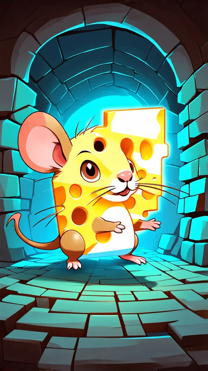 Cheese Boost / Scurry / Sneak: "A cartoon rat glowing slightly as it dashes quickly through a maze, whimsical dungeon environment, playful, exaggerated motion, fantasy illustration, vibrant colors."