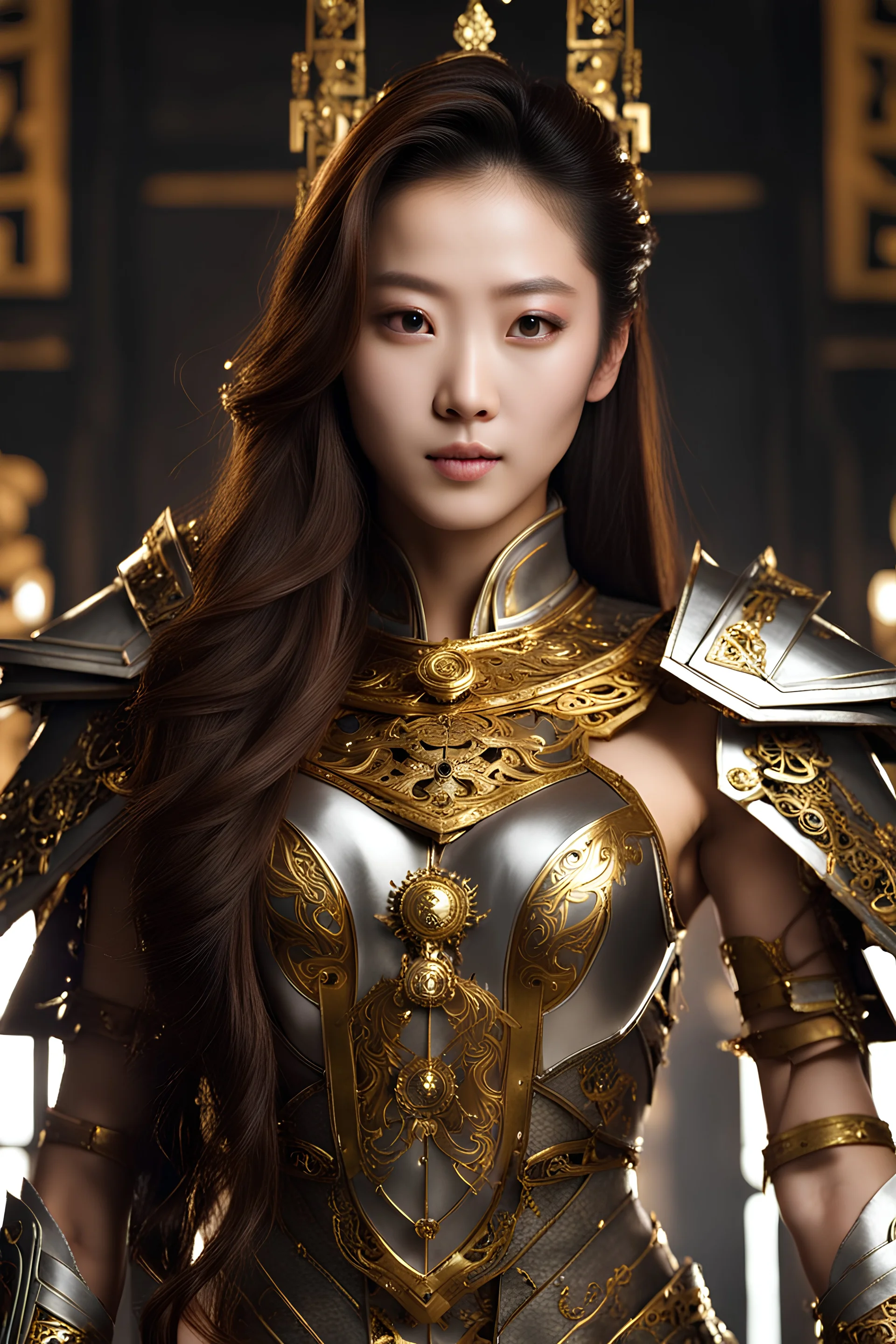 Half body Photography,very beautiful Modeling Chinese Woman,full body,looking front view,brown long hair, mechanical,delicate gold,silver metalic parts, golden parts, intricate armor, detailed part,Movie Still
