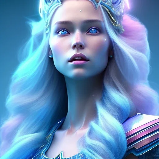 A portrait of a full body crystalised blue pink queen,smiling face, blue eyes, long blond hair, atmospheric, realistic, unreal engine, lighting