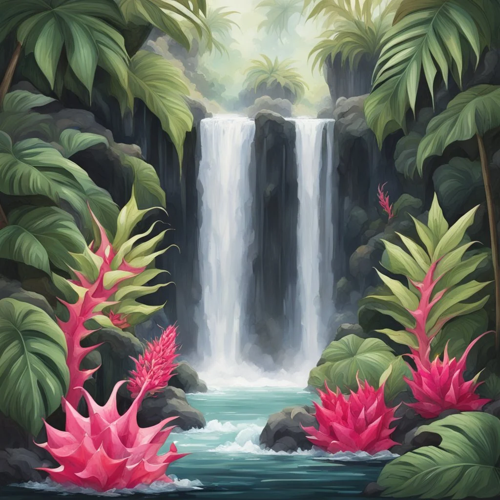 Separate waterfall with tropical leaves and dragon fruit