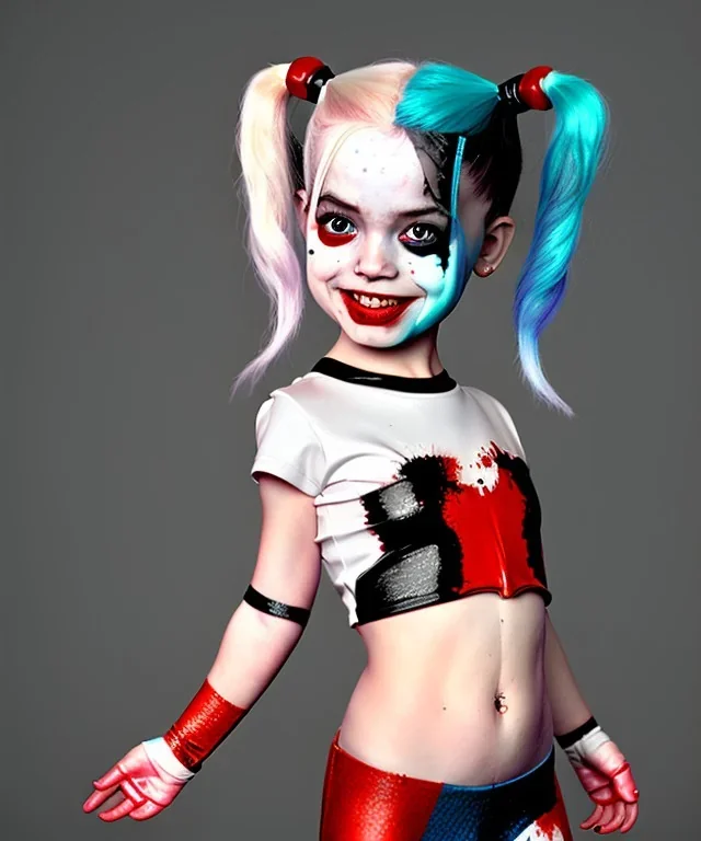 Harley quinn toddler, full body, soft skin, dramatic lighting, hyper realistic