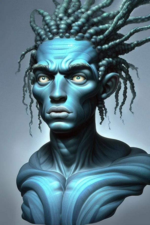 A young male water genasi with deep blue skin color, water shape like dreads on head.