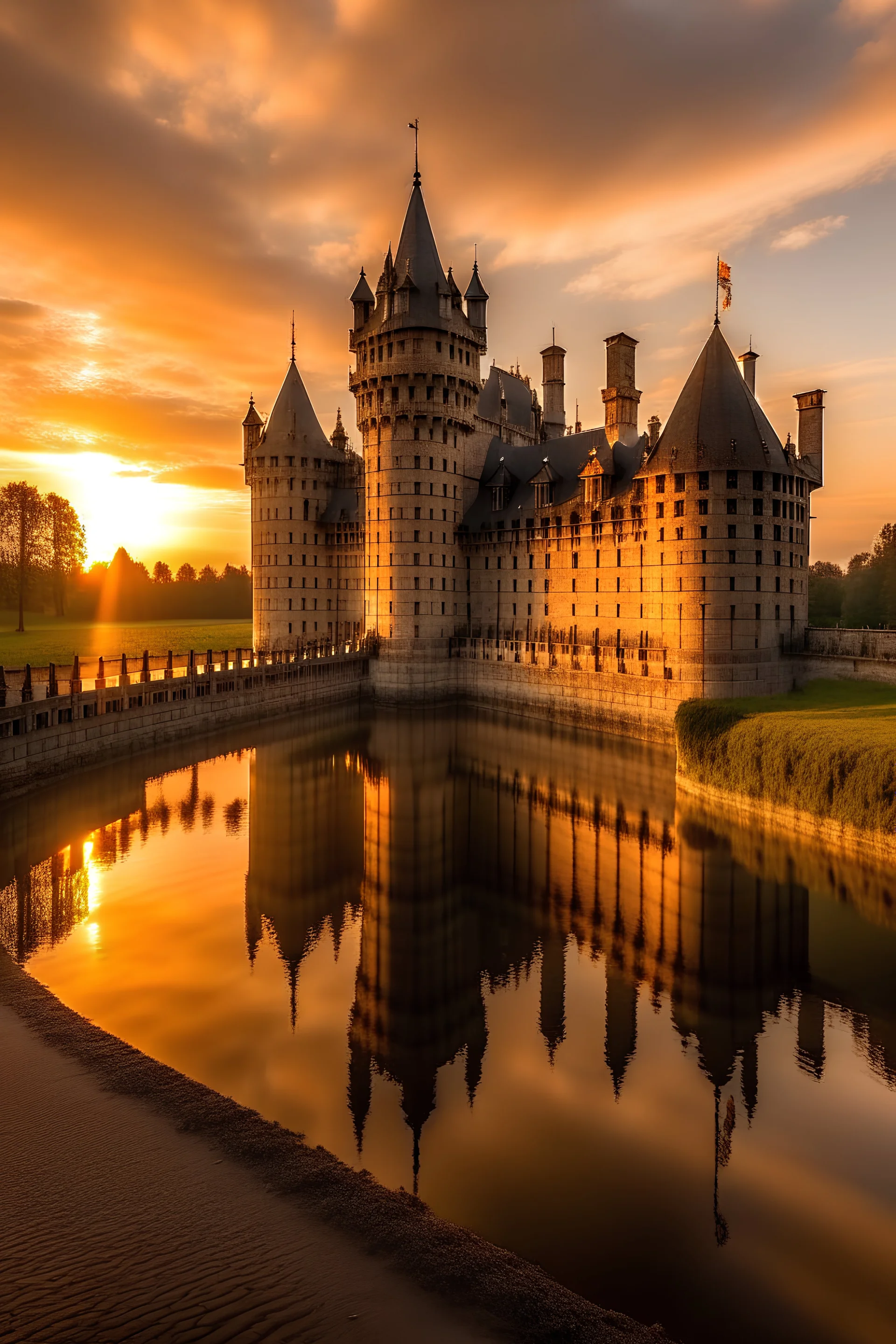 Eine Burg im Sonnenuntergang mit Wassergraben