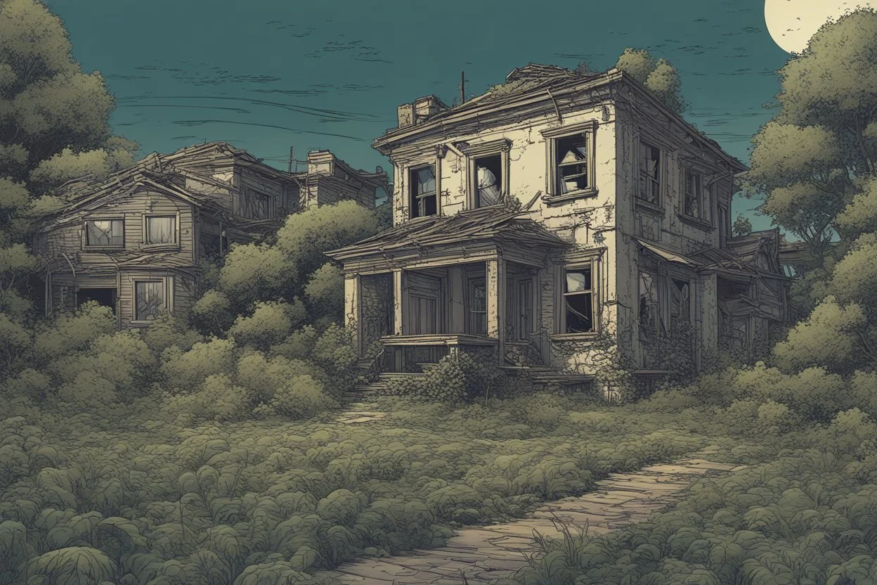 house, overgrown apocalyptic city background, comic book,