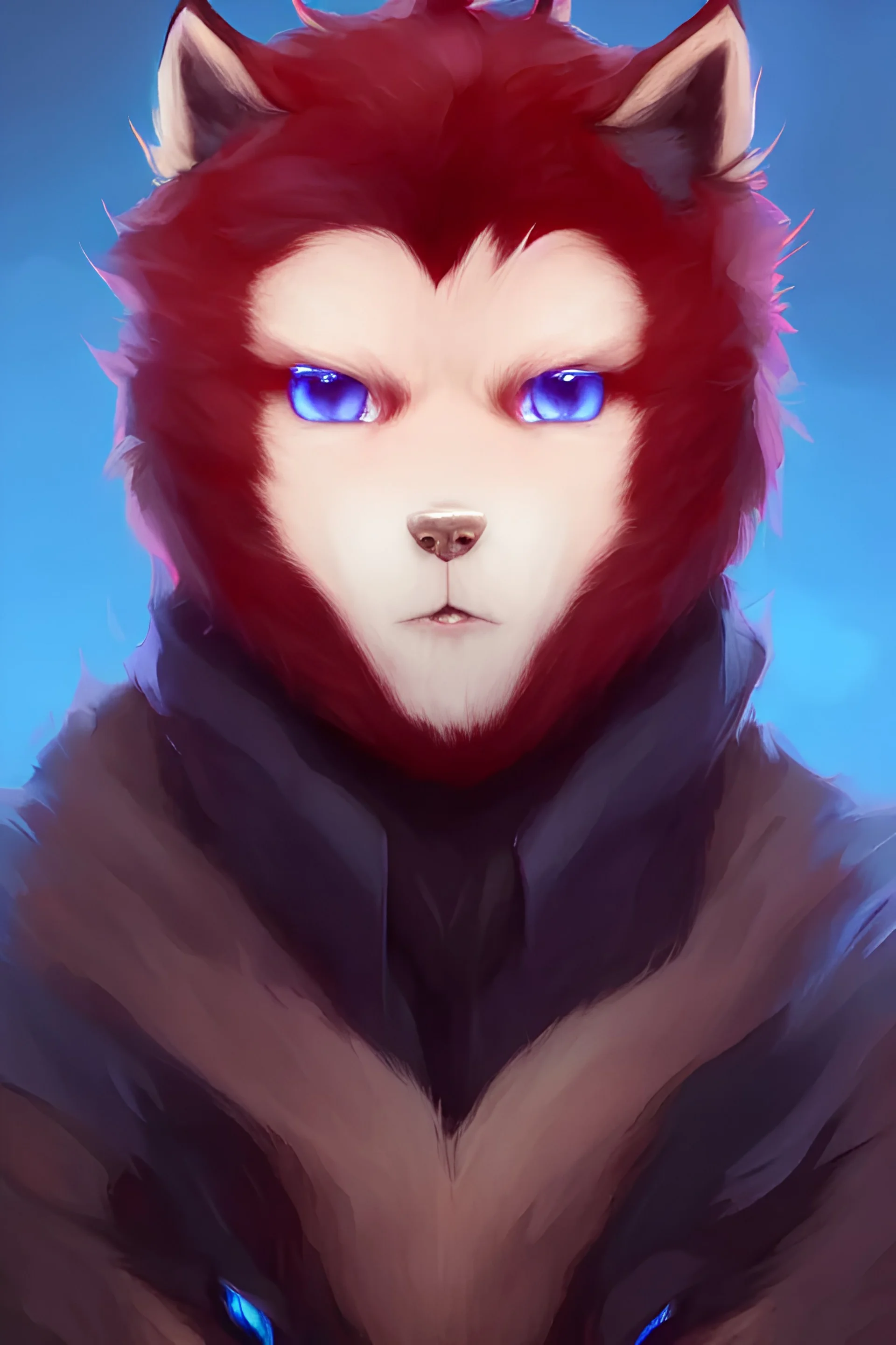 character concept art of a male black anthropomorphic furry wolf red hair blue eyes | | cute - fine - face, pretty face, key visual, realistic shaded perfect face, fine details by stanley artgerm lau, wlop, rossdraws, james jean, andrei riabovitchev, marc simonetti, and sakimichan, artstation