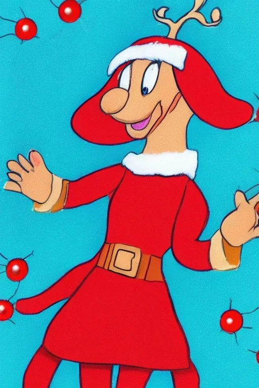 Portrait lady, full body shot, full-color medium shot style of Rudolph the red nosed reindeer animation