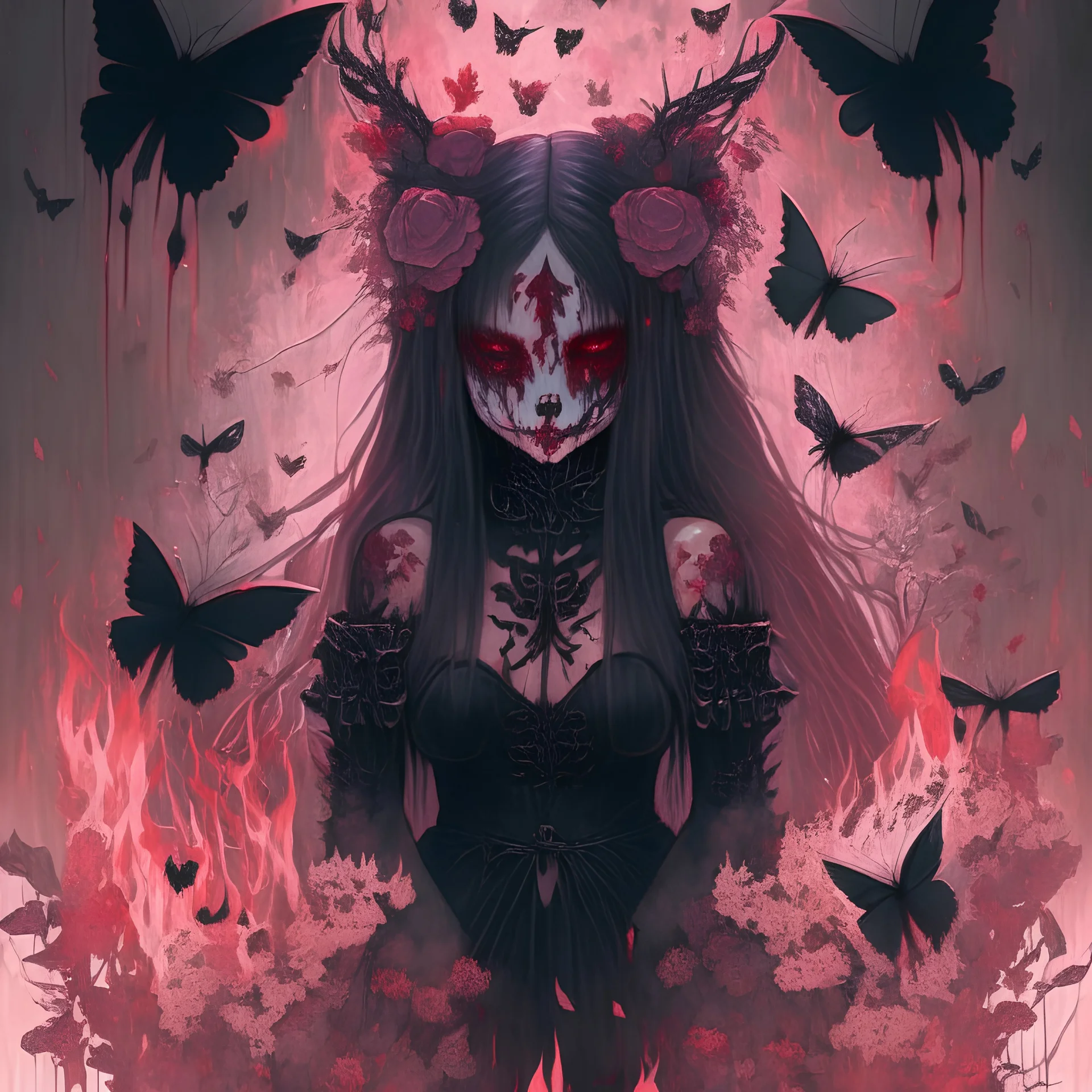 Goth girl, mask japan, burning all, fullbody, creepy, horrifying, dreadful, sinister,blood, leaning pose, Butterflies, Skulls, raining, raivens, guts, wildflower, intricate, nature, plants, pink, rabbit, darkred tones,