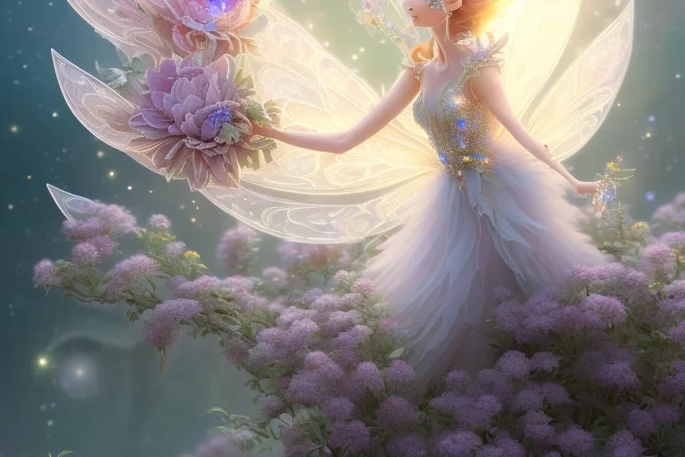 one big crystal subtle flower in a galactic ambiance with a very little beautiful fairy, transparent petals, delicate colors, in the foreground, full of details, smooth, bright sunshine，soft light atmosphere, light effect，vaporwave colorful, concept art, smooth, extremely sharp detail, finely tuned detail, ultra high definition, 8 k, unreal engine 5, ultra sharp focus