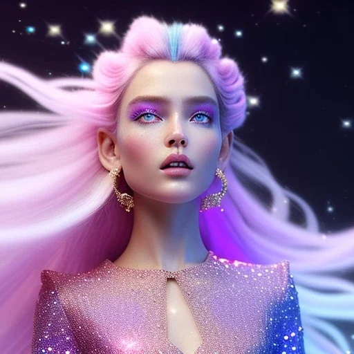 one big crystal glitter pink blue subtle galactic fairy in a galactic ambiance,, long hair down to the ground,transparent petals,blue eyes,delicate colors in the foreground, full of details, smooth，soft pink violet light atmosphere, light effect，vaporwave colorful, concept art, smooth, extremely sharp detail, finely tuned detail,8K ultra high definition, 8 k, ultra sharp focus