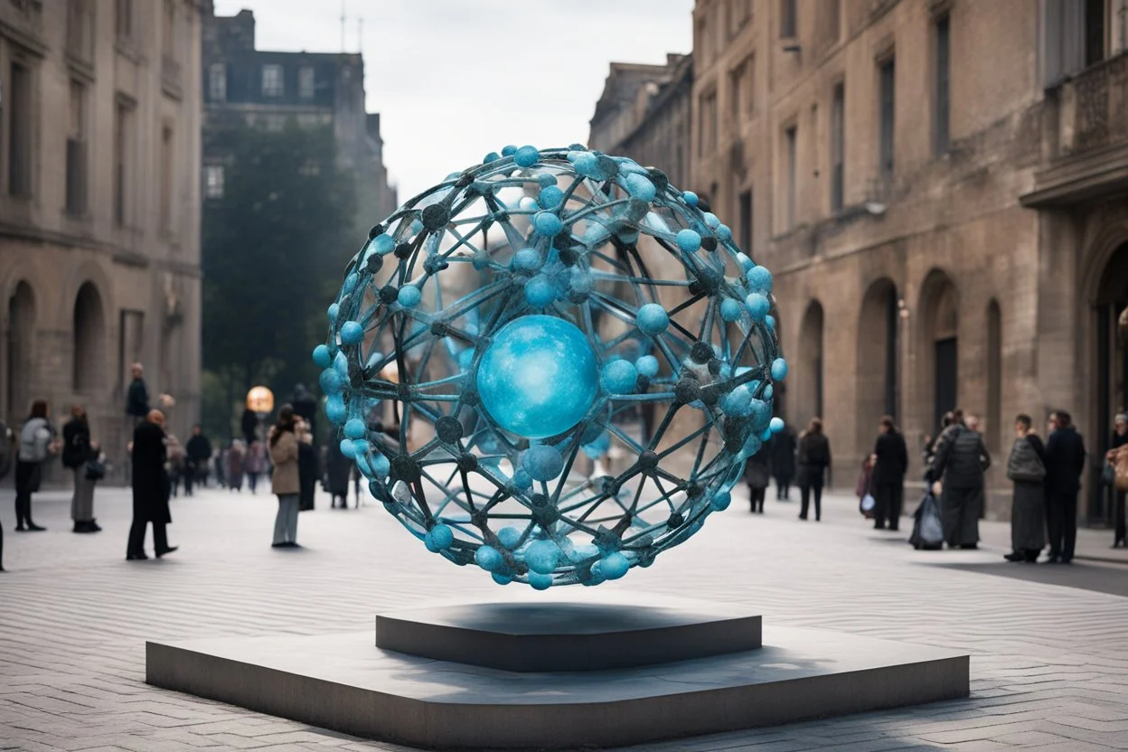 статуя на улице, Шар как атом/молекула: Сделать поверхность шара похожей на модель атома или молекулы, используя геометрические формы, светящиеся элементы или проекцию. . Для этого можно использовать различные геометрические формы, такие как круги, треугольники, шестиугольники и т. д., чтобы создать абстрактное изображение структуры атома или молекулы. Кроме того, возможно использование светящихся элементов, чтобы придать статуе особую магическую атмосферу и привлечь внимание прохожих ночью.