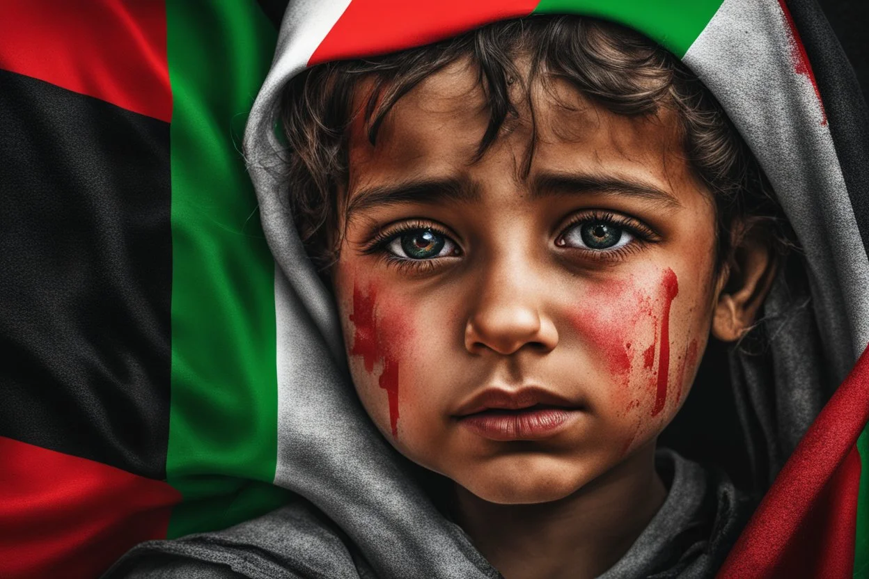 A crying Palestinian child in a broken hospital, Palestine flag, neon effect , close picture, highly detailed, high details, detailed portrait, masterpiece,ultra detailed, ultra quality