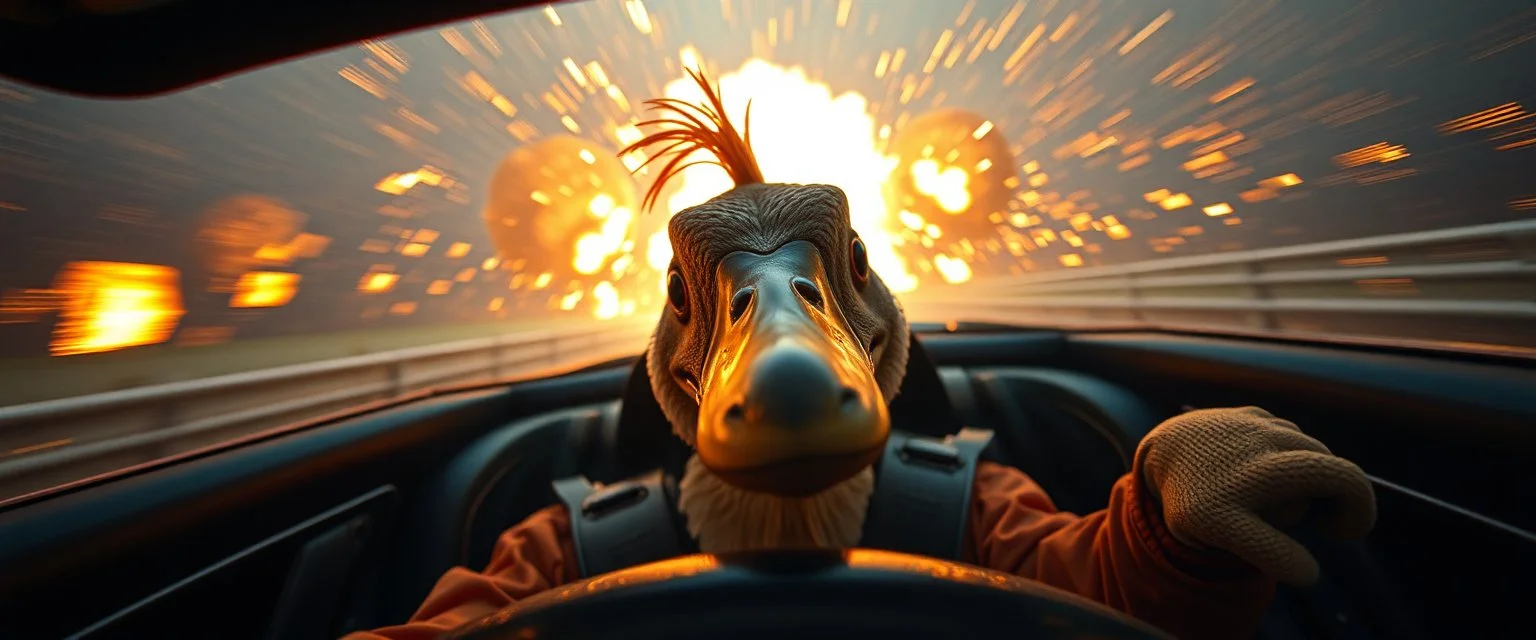 weird perspective worried human race car driver close up portrait of dj platypus duck pilot looking down on cam, with background in the style of escher and giger, a chill contrapunctus fugue in the style of fsol, beethoven, goa trance breaks, dancefloor drum and bass, burning cars, fire and explosions