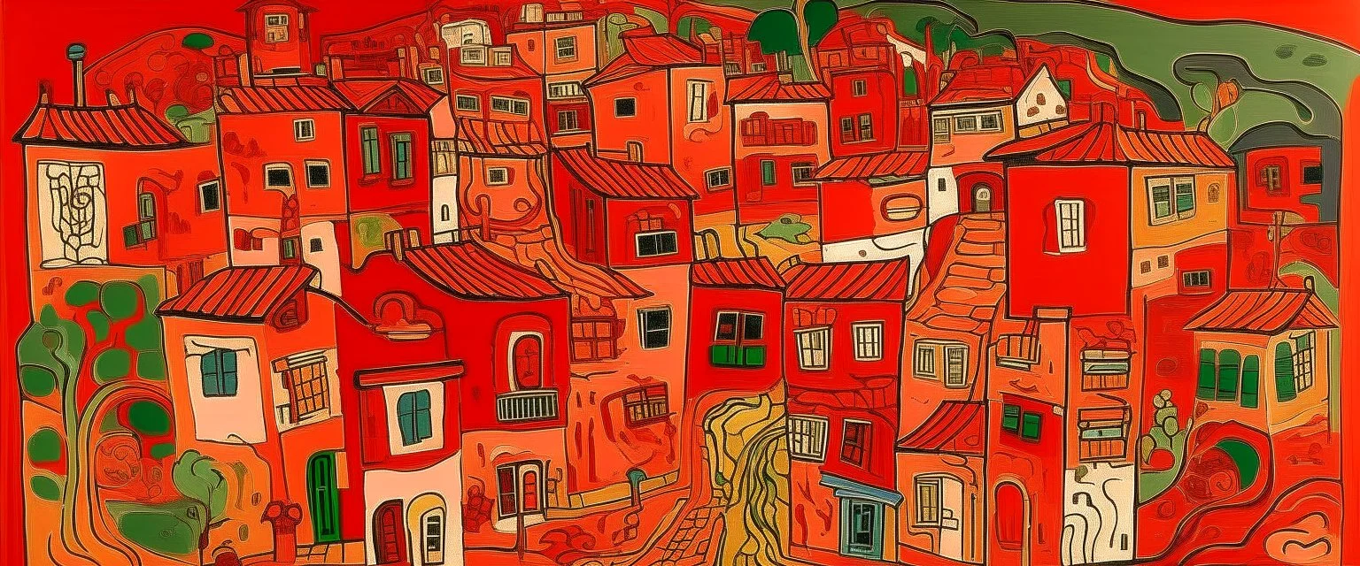 An orangish red village with a fiery dragon palace painted by Jean Dubuffet