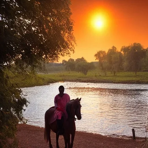 indian on horse by tents looking at sunset by river