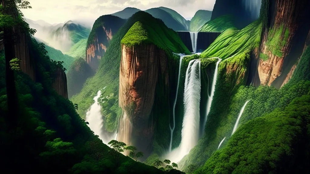 The image showcases a mesmerizing view of a massive waterfall cascading from the top of a mountain hill, with the waterfall soaring to a great height and flowing forcefully into the valley amid lush green trees and vegetation. The image reflects the beauty and power of nature and its enchanting impact on the surrounding environment, inviting viewers to explore these magnificent natural landmarks around the world.