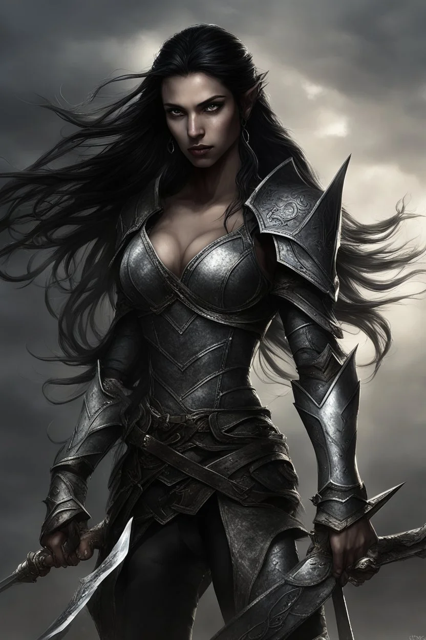 SA female elf with skin the color of storm clouds, deep grey, stands ready for battle. Her long black hair flows behind her like a shadow, while her eyes gleam with a fierce silver light. Despite the grim set of her mouth, there's a undeniable beauty in her fierce countenance. She's been in a fight, evidenced by the ragged state of her leather armor and the red cape that's seen better days, edges frayed and torn. In her hands, she grips two daggers, add dark shadow mystic purple flames