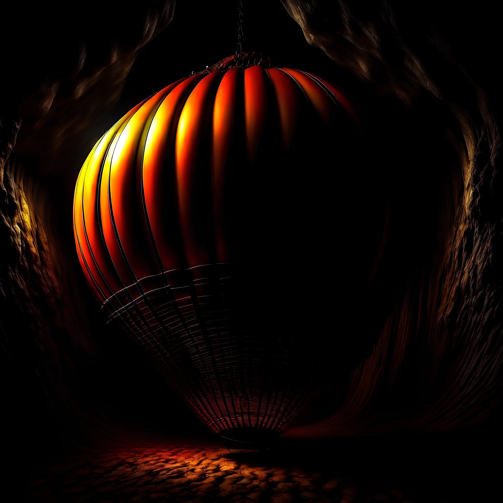 big hot air ballon with basket, red orange and yellow strips , ballon in a huge cave, dark, stone, fire of the ballon only light, drawing, details, dark, industrial design