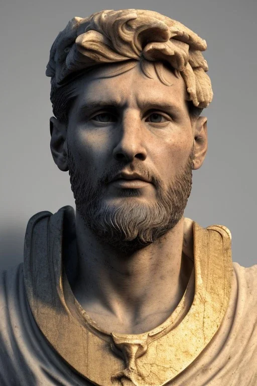 Realistic image, Roman sculpture made in marble with gold veins, Lionel messi, gold laurel leaves crown, waist up portrait,marble material, gold ornaments, Renaissance style, sun rays background, epic, celestial, cinematic lighting, God lights, 4k resolution, smooth details, soft lighting, unreal engine 5, art station, substance 3d.