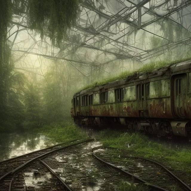 an abandoned train on tracks overgrown by nature with large puddles of water flooding part of tracks, 8k resolution, high-quality, fine-detail, intricate, digital art, detailed matte, volumetric lighting, illustration, 3D octane render, brian froud, howard lyon, selina french, anna dittmann, annie stokes, lisa parker, greg rutowski