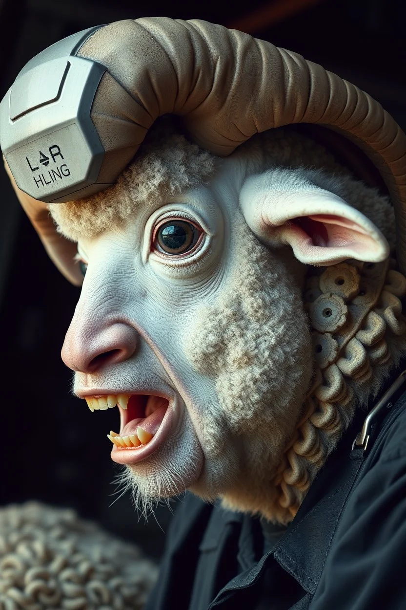 side profile, with heading (autofarm) in poster form,a portrait of a fat head mechanic sheepman, man is eating a hybrid mixed body part sheep, giant eyes sheep alien style H.R giger look. as one headed mouth open, rough teeth, turn head