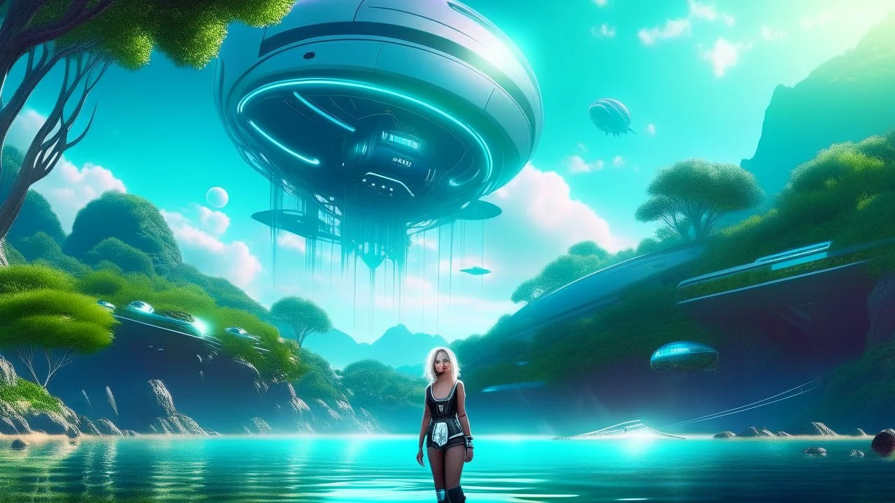 futuristic floating island suspended in the air, cities, fantasy, A woman with blond hair in a robotic silver catsuit, standing on the right of a partially submerged sleek crashed spaceship, on an alien beach, with towering alien trees, high details