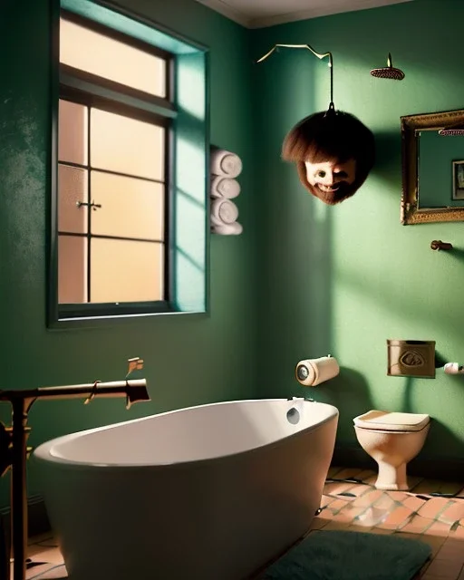 Bathroom scene, big hair monster into bath, Wes Anderson style, realistic photo, realistic image, concept art, smooth, unreal engine 5, god lights, ray tracing, RTX, lumen lighting, ultra detail, volumetric lighting, 3d.