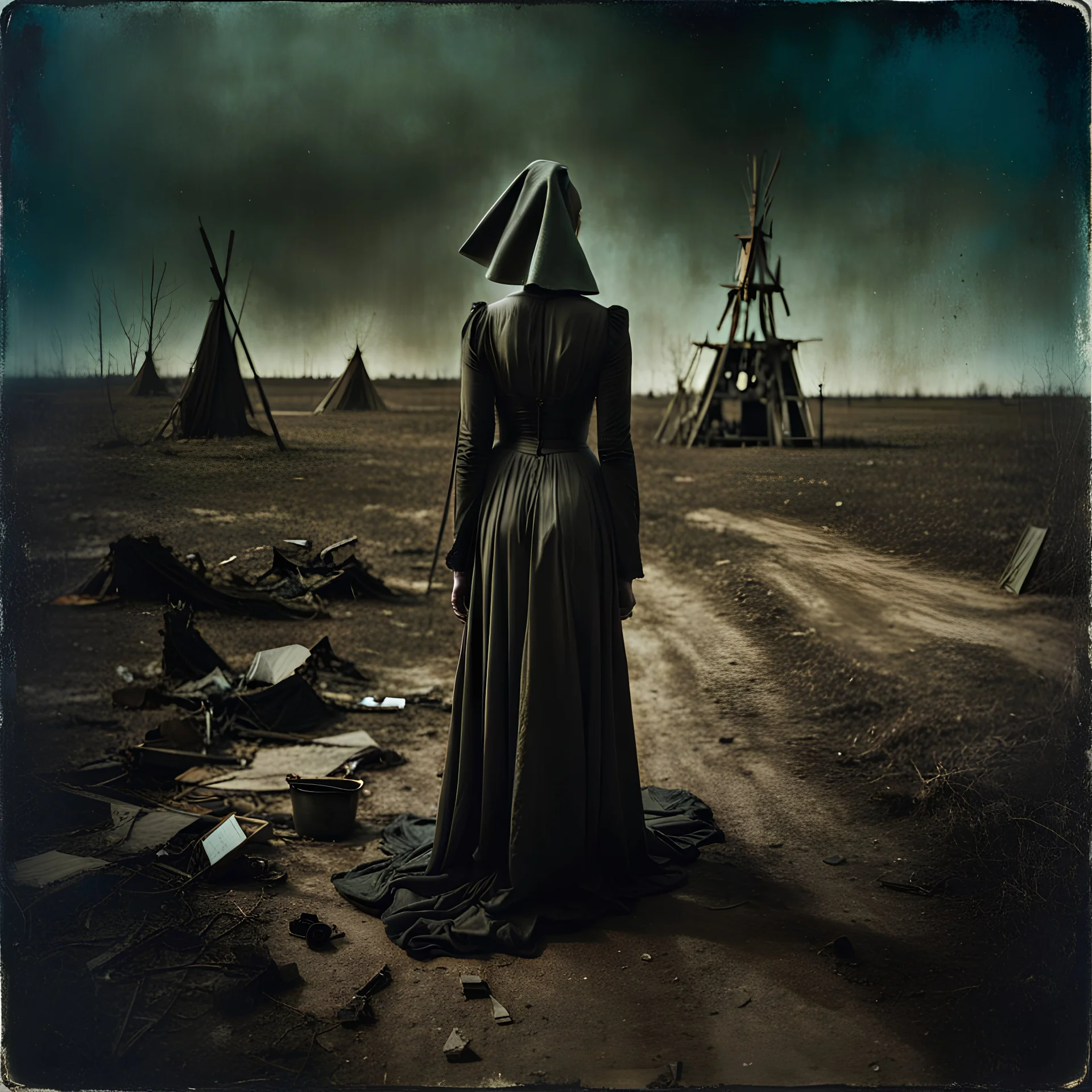 Photorealistic polaroid nothingness and distressing anguish old wooden figure wasteland night Max Ernst Hieronymus Bosch, shot on Hasselblad, movie shot, details of the dress accentuated, nightmare, hypermaximalist