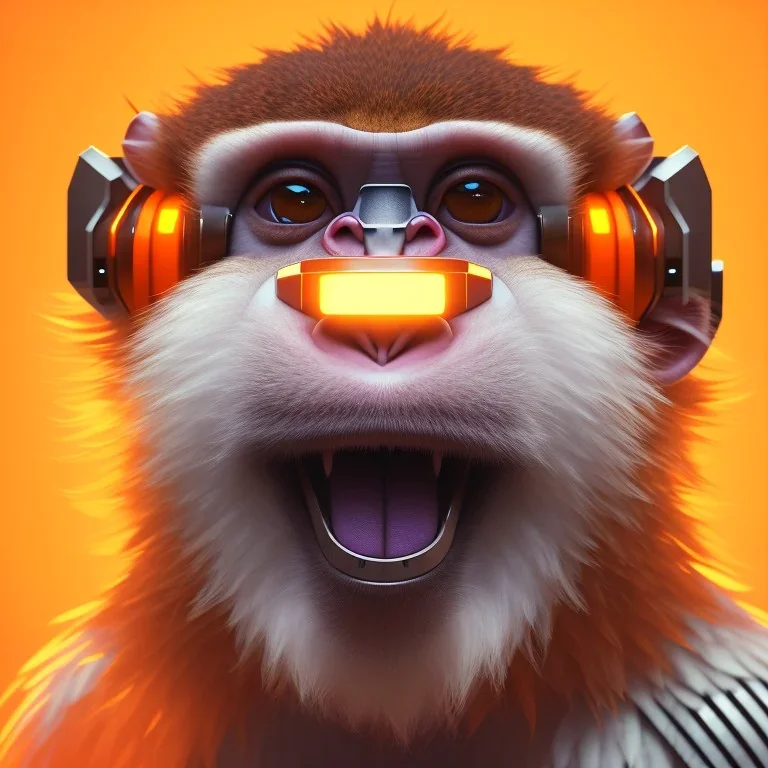 A beautiful portrait of a cute cyberpunk monkey laughing facing camera orange color scheme, high key lighting, volumetric light high details with white stripes and feathers unreal 5, octane render, cinema4d, dynamic lighting, dramatic lighting, 4k, redshift render, highly detailed, hyper realistic