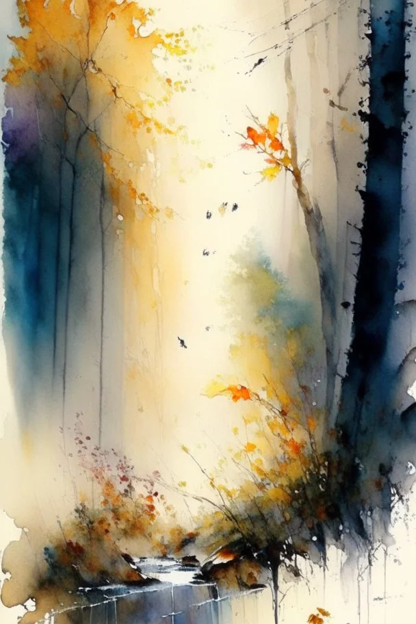 Autumn forest by Willem Haenraets, watercolor, on watercolor paper, wet on wet and splattering techniques, centered, perfect composition, abstraction, surrealism