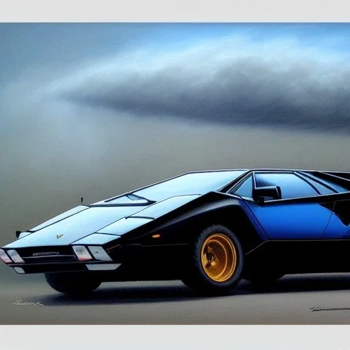 hyperrealism Drawing of 'Lamborghini Countach' three quarter view,by gaston bussiere, greg rutkowski, yoji shinkawa, yoshitaka amano, tsutomu nihei, donato giancola, tim hildebrandt,oil on canvas, cinematic composition,Sharp detail,extreme detail,fit car inside picture,16k