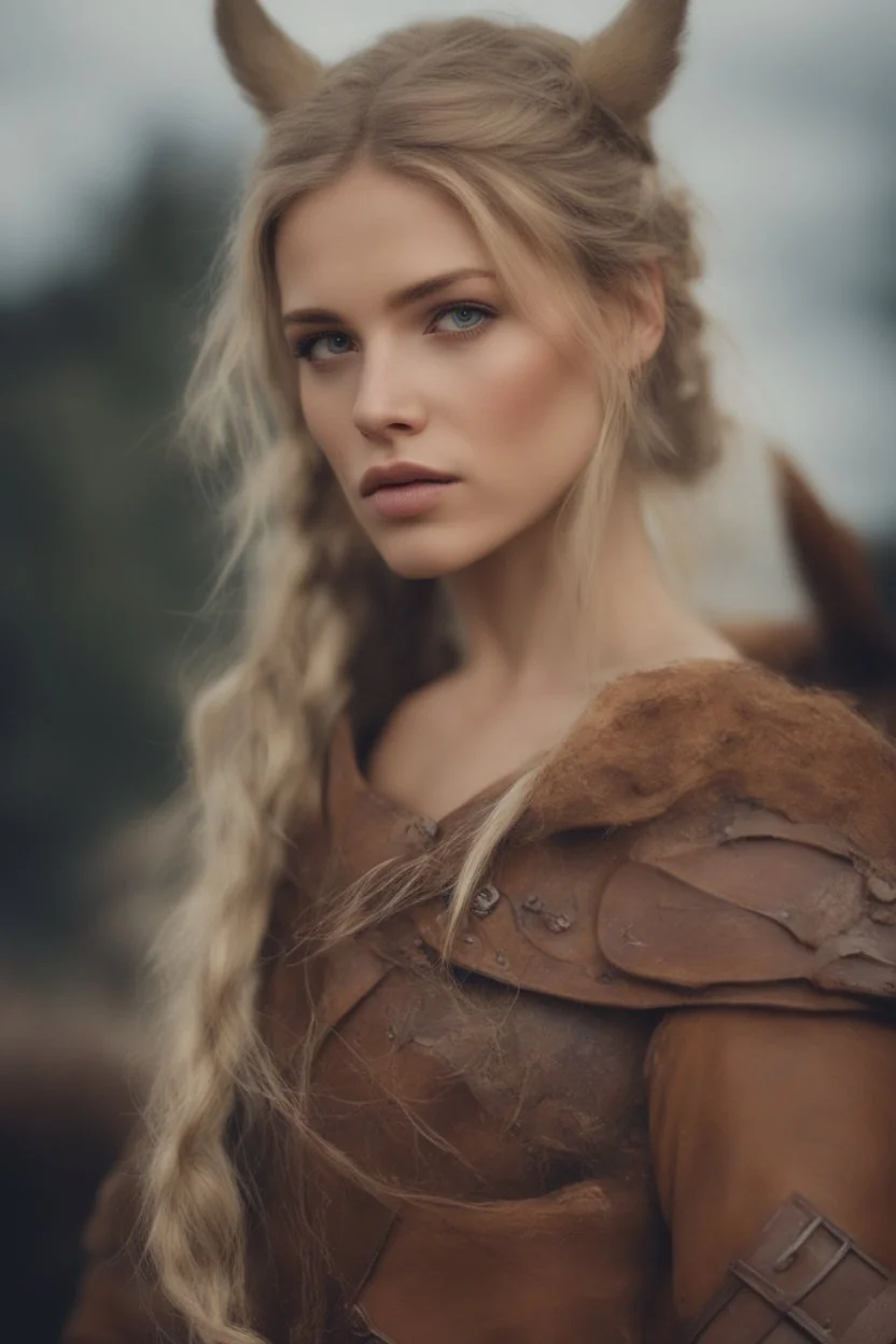 A beautiful woman with blond hair, viking braids Brown leather armor. Horse